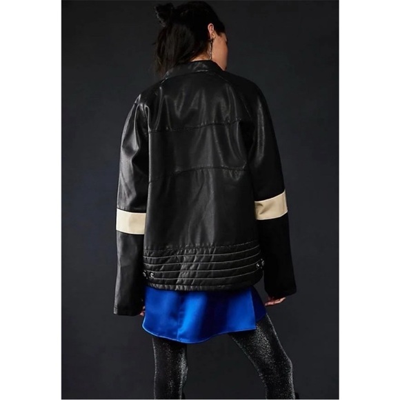 Free People Ryder Black Moto Jacket with Cream Stripe SZ L NEW - Picture 3 of 14